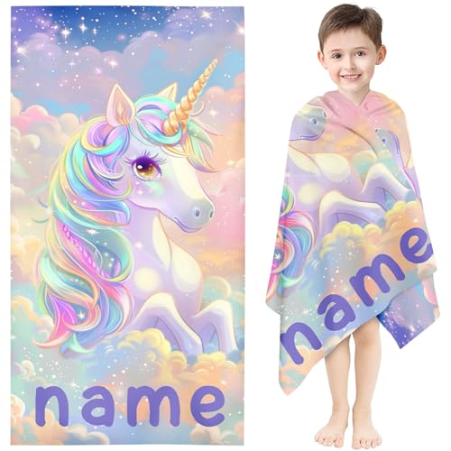 KIDSLOVE Personalisiert Einhorn Strandtuch Mit Namen, Regenbogen-Einhorn Handtuch Badetuch Mit Namen Einhorn Mikrofaser Strandtuch Groß 100x200cm Badetuch Für Kinder Junge (1,40 x 80 cm) von KIDSLOVE