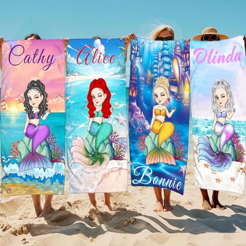 KIDSLOVE Personalisiert Strandtuch Mit Name, Meerjungfrau Handtuch Badetuch Mit Name Mikrofaser Strandtuch Strand Groß 80x150cm Badetuch Kinder Mädchen (1,80 x 150 cm) von KIDSLOVE