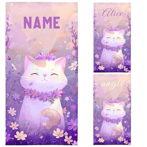 KIDSLOVE Personalisiert Strandtuch Mit Namen, Katze Personalisierte Handtuch Badetuch Mit Namen Mikrofaser Strandtuch Süße Katze Strand Groß 100x200cm Badetuch Kinder (1,70 x 140 cm) von KIDSLOVE