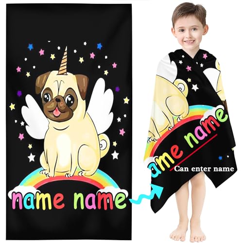 KIDSLOVE Personalisiert Strandtuch Mit Namen, Personalisiertes Einhorn Handtuch Badetuch Mit Namen Mikrofaser Mops Strandtuch Groß 90x180 cm Badetuch Für Kinder (1,100 x 200 cm) von KIDSLOVE