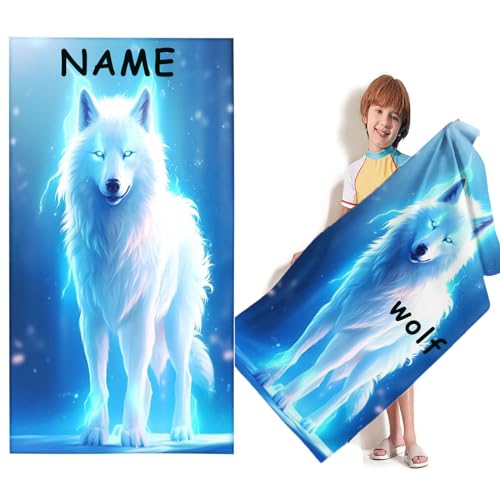 KIDSLOVE Personalisiert Wolf Strandtuch Mit Namen, Cartoon 3D Wolf Tiere Handtuch mit Namen Badetuch, Mikrofaser Strandtuch Groß 90x180cm Badetuch Handtuch für Strand (80 x 150 cm,1) von KIDSLOVE