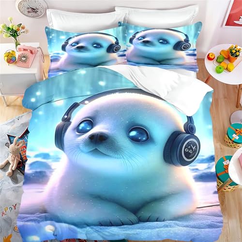 KIDSLOVE Bettwäsche-Set Robben 135x200 Cartoon Robben Bettbezug Set Weiche Mikrofaser 3 Stück (1 Bettbezug, 2 Kissenbezüge) Polyesterfaser Vollständiger Satz von KIDSLOVE