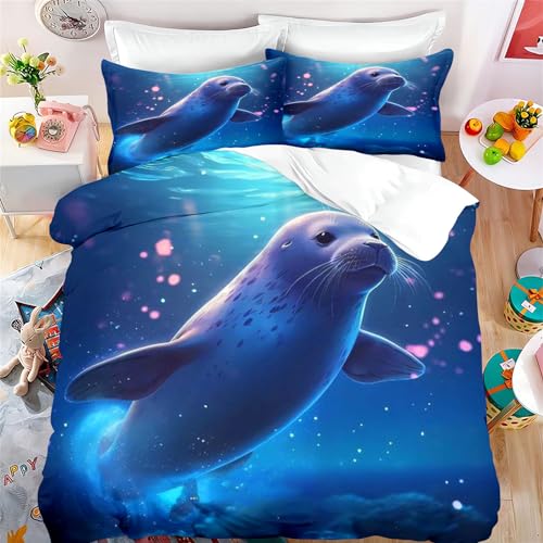 KIDSLOVE Robben Bettwäsche 135x200 Tier Robben Bettwäsche Set Für Kinder Mädchen, Cartoon Robben Bettbezug Set Weiche Mikrofaser Mit Kissenbezüge (7,135 X 200 cm 50 x 75 x 1) von KIDSLOVE