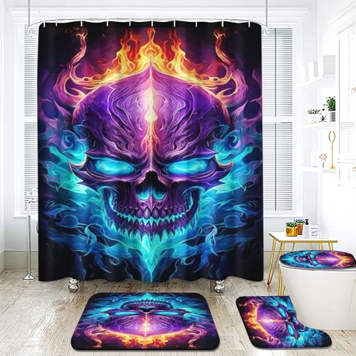 KIDSLOVE Skull Duschvorhang 180 x 200 180 x 180 Skull Pattern Gothic Duschvorhänge Wasserdichtes Polyester 3D Skull Duschvorhang Badezimmermatte 4-teiliges Set (180 x 180 cm,2) von KIDSLOVE