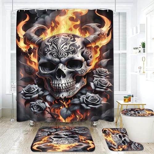 KIDSLOVE Skull Duschvorhang 180 x 200 180 x 180 Skull Pattern Gothic Duschvorhänge Wasserdichtes Polyester 3D Skull Duschvorhang Badezimmermatte 4-teiliges Set (180 x 180 cm,6) von KIDSLOVE