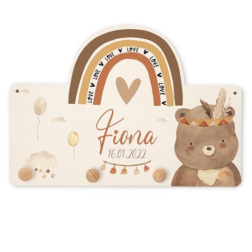 KIDSMOOD Personalisierte Wand-Garderobe mit Wunschnamen, Kleiderhaken aus Holz mit süßem Tier-Motiv für Babyzimmer, individuelle Garderobenleiste für Kinderzimmer von Kidsmood
