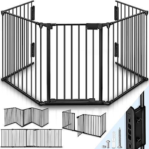 KIDUKU® Kaminschutzgitter mit Tür Metall 420 cm | Absperrgitter Ofenschutzgitter faltbar | Konfigurationsgitter inkl. 7 Elementen (Schwarz) von KIDUKU