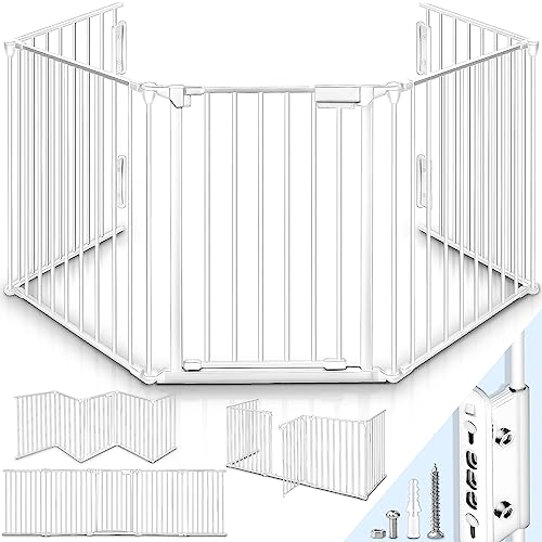 KIDUKU® Kaminschutzgitter mit Tür Metall 420 cm | Absperrgitter Ofenschutzgitter faltbar | Konfigurationsgitter inkl. 7 Elementen (Weiß) von KIDUKU