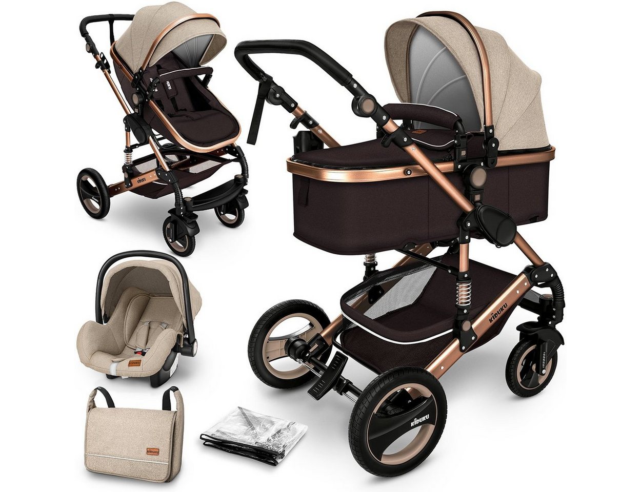 KIDUKU Kombi-Kinderwagen KIDUKU® 3 in 1 Kombi-Kinderwagen Buggy Reisebuggy, 3 in 1 Komplettset inkl. Babywanne Buggy Auto-Babyschale Fußsack, Voll-Gummireifen Wickeltasche Regenschutz Kindertisch von KIDUKU