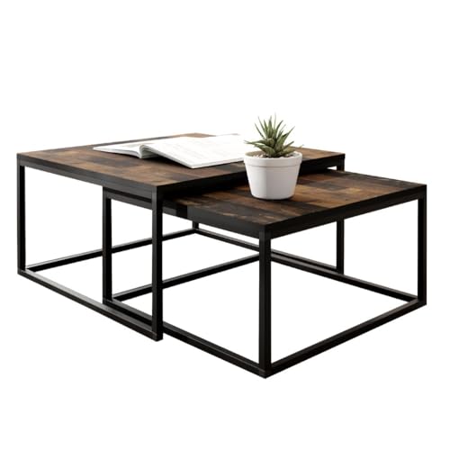KIER FURNITURE Couchtisch 2er Set - Beistelltisch Sofa - Wohnzimmer Tisch 75x75 und 65x65 cm - LOFTI Sofatisch Quadratisch, Industrial Style, Beine Metall Schwarz - Alter Stil von KIER FURNITURE
