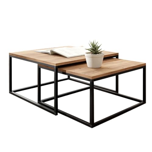 KIER FURNITURE Couchtisch 2er Set - Beistelltisch Sofa - Wohnzimmer Tisch 75x75 und 65x65 cm - LOFTI Sofatisch Quadratisch, Industrial Style, Beine Metall Schwarz - Eiche Handwerk Gold von KIER FURNITURE