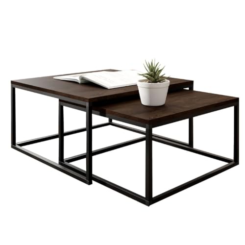 KIER FURNITURE Couchtisch 2er Set - Beistelltisch Sofa - Wohnzimmer Tisch 75x75 und 65x65 cm - LOFTI Sofatisch Quadratisch, Industrial Style, Beine Metall Schwarz - Esche Dunkel von KIER FURNITURE