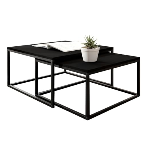 KIER FURNITURE Couchtisch 2er Set - Beistelltisch Sofa - Wohnzimmer Tisch 75x75 und 65x65 cm - LOFTI Sofatisch Quadratisch, Industrial Style, Beine Metall Schwarz - Schwarz von KIER FURNITURE