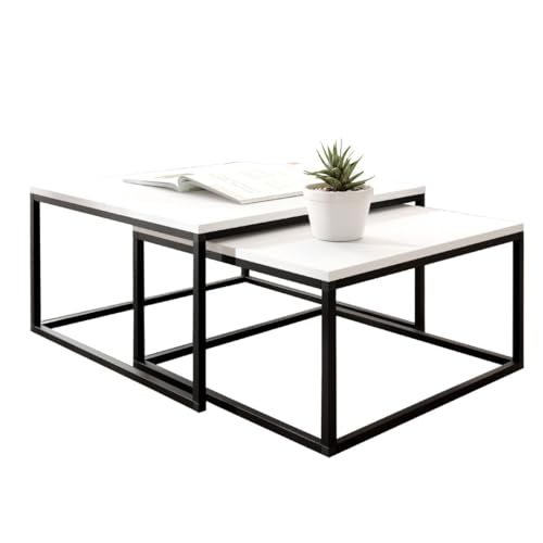 KIER FURNITURE Couchtisch 2er Set - Beistelltisch Sofa - Wohnzimmer Tisch 75x75 und 65x65 cm - LOFTI Sofatisch Quadratisch, Industrial Style, Beine Metall Schwarz - Weiß von KIER FURNITURE