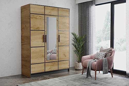 KIER FURNITURE Dreitüriger Kleiderschrank Roj3D - Moderner Kleiderschrank aus Laminierter Spanplatte - Ausziehbarer Kleiderbügel - Praktische Garderobe - 156,4x205x39 cm Eiche Craft Gold von KIER FURNITURE