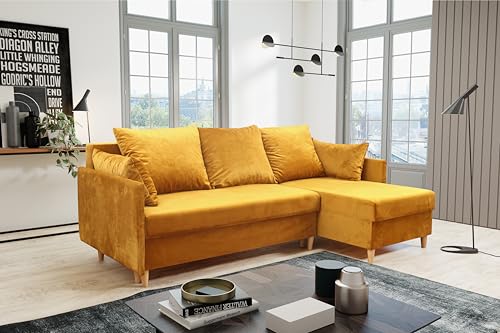 KIER FURNITURE - Ecksofa 210x140 cm - Sofa L Form - Sofa mit Schlaffunktion und Bettkasten - Liegefläche 140×200 cm - Ottomane Links oder Rechts - Schlafcouch, Gästebett - Samt Gelb - 210x140x70 cm von KIER FURNITURE