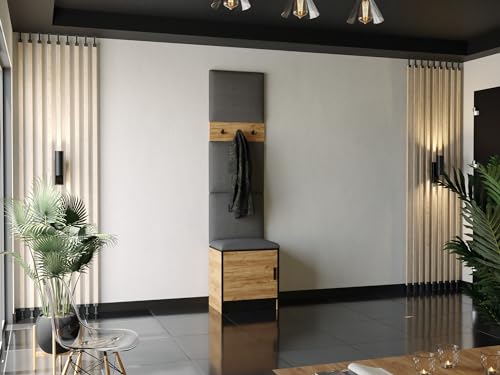 KIER FURNITURE Flurgarderobe Mit Gepolstertem Sitz Und Paneelen – Gardarobenstaender – Sitzbank Garderobe – Flurgarderobe Schmal – Farbe Eiche Craft Golden + Stoff Grau – 53,2 x 205 x 39 cm von KIER FURNITURE