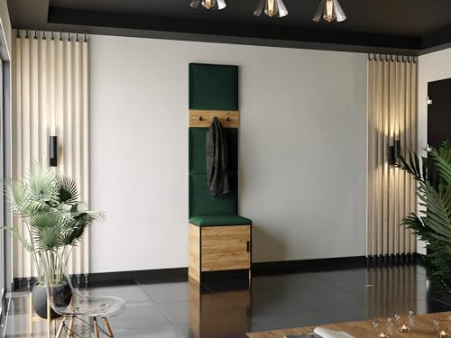 KIER FURNITURE Flurgarderobe Mit Gepolstertem Sitz Und Paneelen – Gardarobenstaender – Sitzbank Garderobe – Flurgarderobe Schmal – Farbe Eiche Craft Golden + Stoff Grün – 53,2 x 205 x 39 cm von KIER FURNITURE