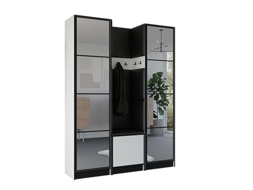 KIER FURNITURE Flurgarderobe Modern - Garderobenschrank mit Sitzbank, Haken und Schuhschrank - Flur Möbel Geräumig und Stilvoll - BxHxT 159,6x205x39cm - Weiß + Schwarzes Öko-Leder von KIER FURNITURE