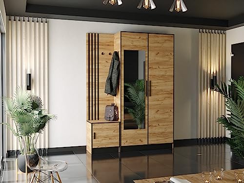 KIER FURNITURE Garderobe mit Sitzfläche Dior13 - Dekorative Elegante Leisten - Kleiderschrank aus Laminierter Spanplatte - Höhe 205 cm - 158x205x39 cm Eiche Craft Gold von KIER FURNITURE