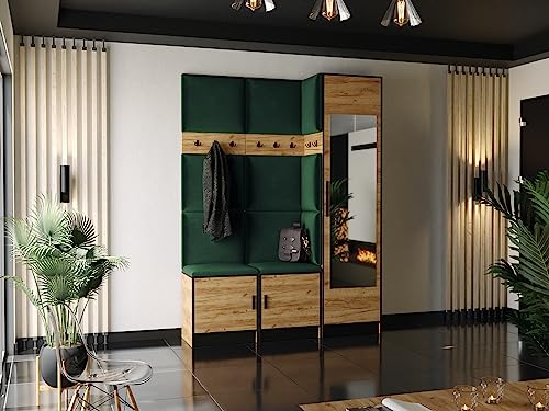 KIER FURNITURE Garderobe mit Sitzfläche Roj20 - Gepolstertes Paneel an Seite des Schrankes - Kleiderschrank aus Laminierter Spanplatte - Höhe 205 cm - 159,6x205x39 cm Eiche Craft Gold + Stoff Grün von KIER FURNITURE