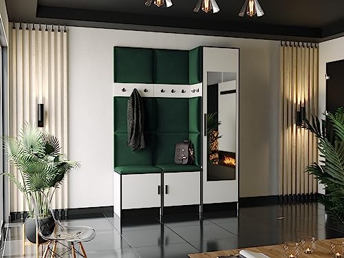 KIER FURNITURE Garderobe mit Sitzfläche Roj20 - Gepolstertes Paneel an Seite des Schrankes - Kleiderschrank aus Laminierter Spanplatte - Höhe 205 cm - 159,6x205x39 cm Weiß + Stoff Grün von KIER FURNITURE