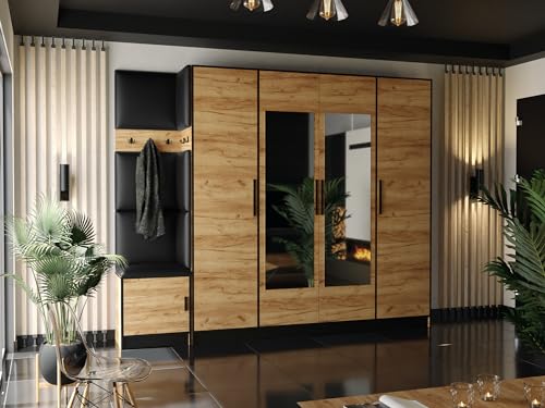KIER FURNITURE Kleiderschrank Mit Gepolstertem Sitz Und Paneelen – Gardarobenstaender – Sitzbank Garderobe – Flurgarderobe Schmal – Farbe Craft Eiche Gold + Ecoscreen Schwarz – 259,6x205x39 cm von KIER FURNITURE