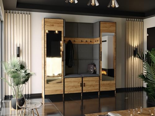 KIER FURNITURE Kleiderschrank Mit Gepolstertem Sitz Und Paneelen – Gardarobenstaender – Sitzbank Garderobe – Flurgarderobe Schmal – Farbe Eiche Craft Golden + Stoff Grau – 106,4 x 205 x 39 cm von KIER FURNITURE