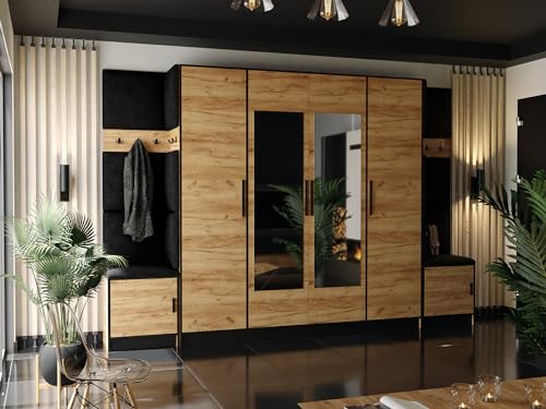 KIER FURNITURE Kleiderschrank Mit Gepolstertem Sitz Und Paneelen – Gardarobenstaender – Sitzbank Garderobe – Flurgarderobe Schmal – Farbe Eiche Craft Golden + Stoff Schwarz – 312,8x205x39 cm von KIER FURNITURE