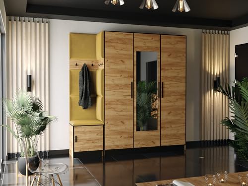 KIER FURNITURE Kleiderschrank Mit Gepolstertem Sitz Und Paneelen – Gardarobenstaender – Sitzbank Garderobe – Flurgarderobe Schmal – Farbe Handwerk Eiche Gold + Stoff Gelb – 209,6x205x39cm von KIER FURNITURE