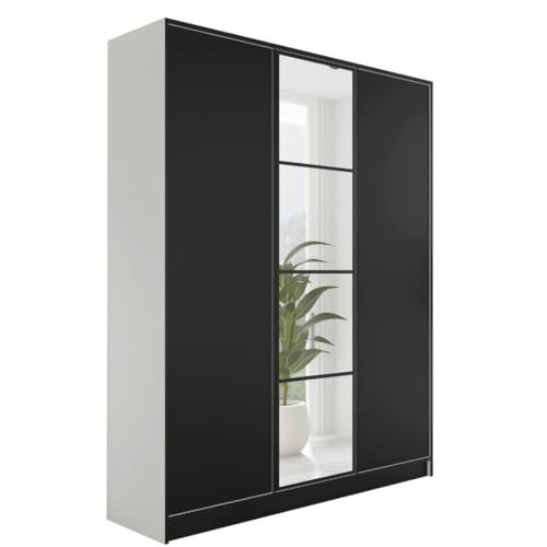 KIER FURNITURE Kleiderschrank mit Spiegel - Schrank Schlafzimmer - Garderobenschrank Flur - Ausziehbare Kleiderstange - Eden v4 - BxHxT 156,4x205x39cm - 3 Türen - Weiß & Schwarz von KIER FURNITURE