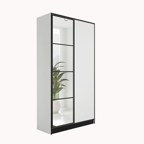 KIER FURNITURE Kleiderschrank mit Spiegel - Schrank Schlafzimmer - Garderobenschrank Flur Diele - Ausziehbare Kleiderstange - Eden v1 - BxHxT 104,8x205x39cm - 2 Türen - Weiß von KIER FURNITURE
