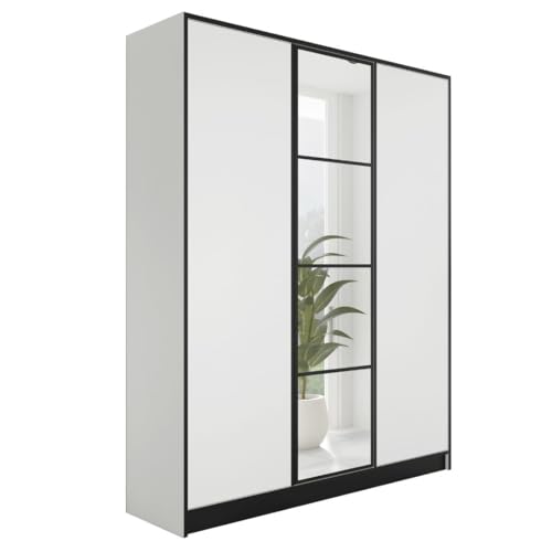 KIER FURNITURE Kleiderschrank mit Spiegel - Schrank Schlafzimmer - Garderobenschrank Flur Diele - Ausziehbare Kleiderstange - Eden v1 - BxHxT 156,4x205x39cm - 3 Türen - Weiß von KIER FURNITURE