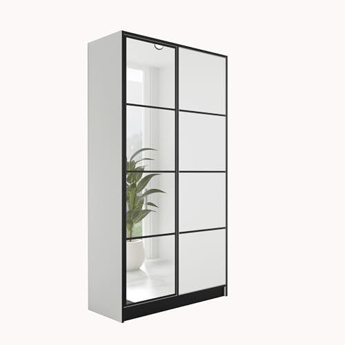 KIER FURNITURE Kleiderschrank mit Spiegel - Schrank Schlafzimmer - Garderobenschrank Flur Diele - Ausziehbare Kleiderstange - Eden v2 - BxHxT 104,8x205x39cm - 2 Türen - Weiß von KIER FURNITURE