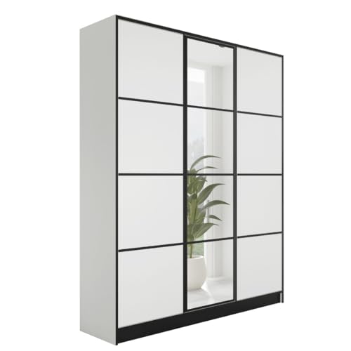 KIER FURNITURE Kleiderschrank mit Spiegel - Schrank Schlafzimmer - Garderobenschrank Flur Diele - Ausziehbare Kleiderstange - Eden v2 - BxHxT 156,4x205x39cm - 3 Türen - Weiß von KIER FURNITURE