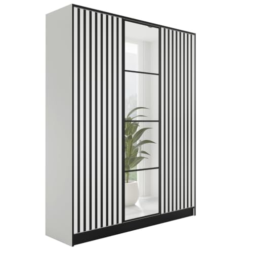 KIER FURNITURE Kleiderschrank mit Spiegel - Schrank Schlafzimmer - Garderobenschrank Flur Diele - Ausziehbare Kleiderstange - Eden v3 - BxHxT 156,4x205x39cm - 3 Türen - Weiß von KIER FURNITURE