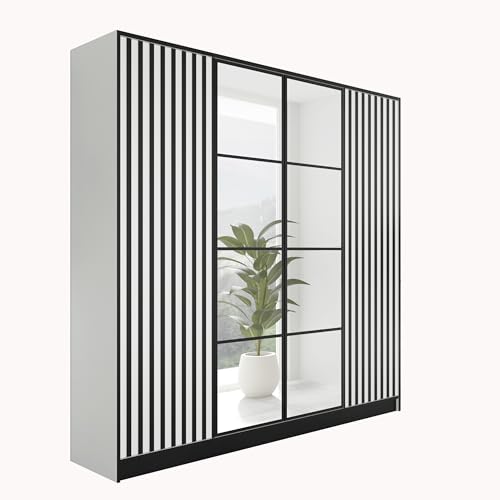 KIER FURNITURE Kleiderschrank mit Spiegel - Schrank Schlafzimmer - Garderobenschrank Flur Diele - Ausziehbare Kleiderstange - Eden v3 - BxHxT 206,4x205x39cm - 4 Türen - Weiß von KIER FURNITURE