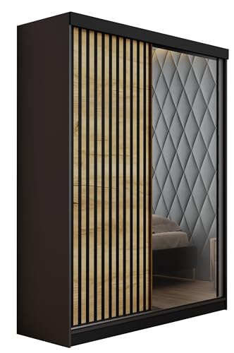 KIER FURNITURE Mehrzweckschrank Malani 138 Schiebetürenschrank - Eleganter Kleiderschrank Schrank Garderobe Spiegel - Wohnzimmerschrank Schiebetüren - Graphit + Craft Eiche Gold 138x205x59 cm von KIER FURNITURE