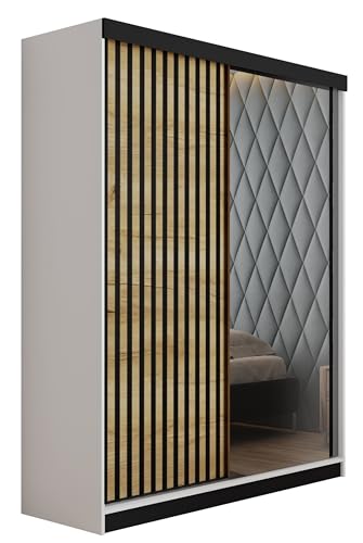 KIER FURNITURE Mehrzweckschrank Malani 138 Schiebetürenschrank - Eleganter Kleiderschrank Schrank Garderobe Spiegel - Wohnzimmerschrank Schiebetüren - Weiß + Eiche Craft Gold 138x205x59 cm von KIER FURNITURE