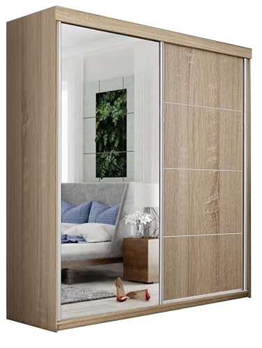 KIER FURNITURE Mehrzweckschrank TOP Plus B-23 Schiebetürenschrank - Eleganter Kleiderschrank Schrank Garderobe Spiegel - Wohnzimmerschrank Schiebetüren - Eiche Sonoma 150x200x62 cm von KIER FURNITURE