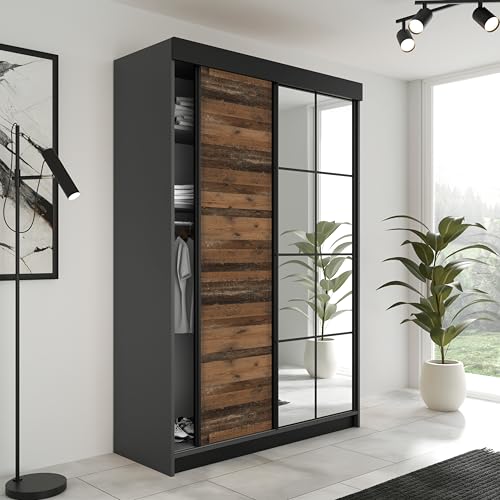 KIER FURNITURE Schiebegarderobe LAMARO mit Spiegel - Schrank Schlafzimmer – Schlafzimmerschrank – Wardrobe Bedroom – Kleiderschränke – Kleiderschrank - 138x205x59 - Graphit & Old Style von KIER FURNITURE