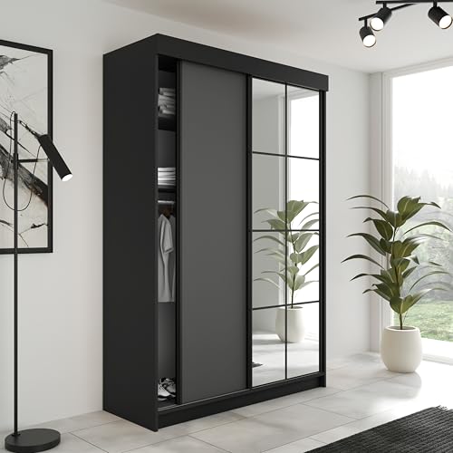 KIER FURNITURE Schiebegarderobe LAMARO mit Spiegel - Schrank Schlafzimmer – Schlafzimmerschrank – Wardrobe Bedroom – Kleiderschränke – Kleiderschrank - 138x205x59 - Schwarz & Graphit von KIER FURNITURE