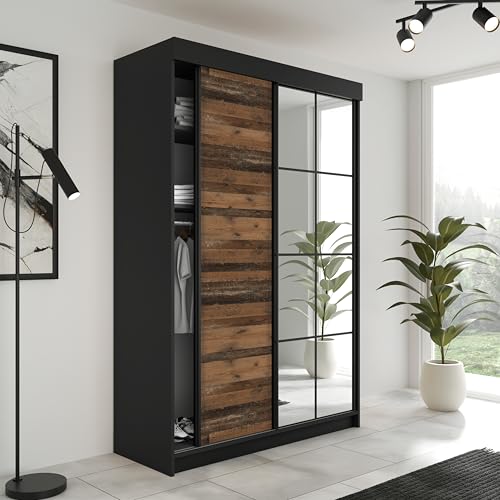 KIER FURNITURE Schiebegarderobe LAMARO mit Spiegel - Schrank Schlafzimmer – Schlafzimmerschrank – Wardrobe Bedroom – Kleiderschränke – Kleiderschrank - 138x205x59 - Schwarz & Old Style von KIER FURNITURE