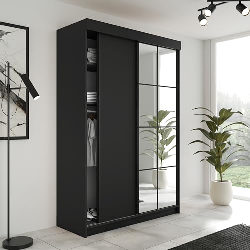 KIER FURNITURE Schiebegarderobe LAMARO mit Spiegel - Schrank Schlafzimmer – Schlafzimmerschrank – Wardrobe Bedroom – Kleiderschränke – Kleiderschrank - 138x205x59 - Schwarz von KIER FURNITURE