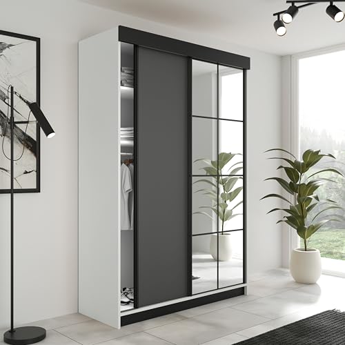 KIER FURNITURE Schiebegarderobe LAMARO mit Spiegel - Schrank Schlafzimmer – Schlafzimmerschrank – Wardrobe Bedroom – Kleiderschränke – Kleiderschrank - 138x205x59 - Weiß & Graphit von KIER FURNITURE