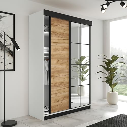 KIER FURNITURE Schiebegarderobe LAMARO mit Spiegel - Schrank Schlafzimmer – Schlafzimmerschrank – Wardrobe Bedroom – Kleiderschränke – Kleiderschrank - 167x205x59cm - Weiß & Eiche Handwerk Gold von KIER FURNITURE