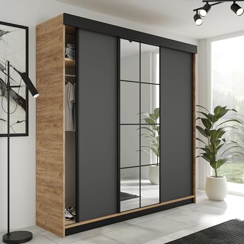 KIER FURNITURE Schiebegarderobe LAMARO mit Spiegel - Schrank Schlafzimmer – Schlafzimmerschrank – Wardrobe Bedroom – Kleiderschränke – Kleiderschrank - 200x205x59cm - Eiche Handwerk Gold & Graphit von KIER FURNITURE
