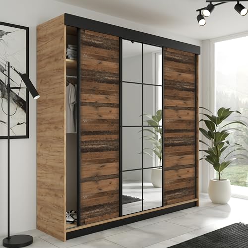 KIER FURNITURE Schiebegarderobe LAMARO mit Spiegel - Schrank Schlafzimmer – Schlafzimmerschrank – Wardrobe Bedroom – Kleiderschränke – Kleiderschrank - 200x205x59cm - Eiche Handwerk Gold & Old Style von KIER FURNITURE
