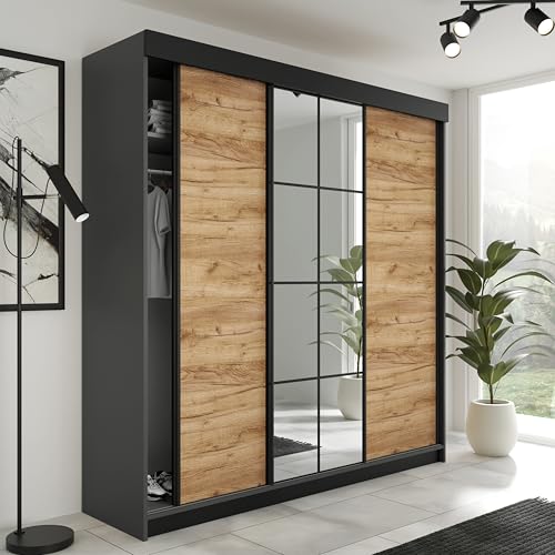 KIER FURNITURE Schiebegarderobe LAMARO mit Spiegel - Schrank Schlafzimmer – Schlafzimmerschrank – Wardrobe Bedroom – Kleiderschränke – Kleiderschrank - 200x205x59cm - Graphit & Eiche Handwerk Gold von KIER FURNITURE