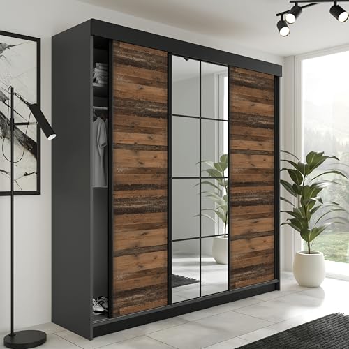 KIER FURNITURE Schiebegarderobe LAMARO mit Spiegel - Schrank Schlafzimmer – Schlafzimmerschrank – Wardrobe Bedroom – Kleiderschränke – Kleiderschrank - 200x205x59cm - Graphit & Old Style von KIER FURNITURE